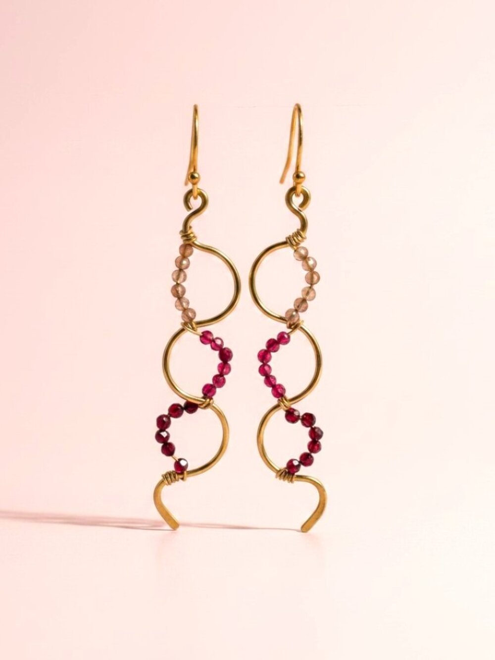Unique Gold Squiggle Earrings with Rubies, Garnets and Strawberry Quartz